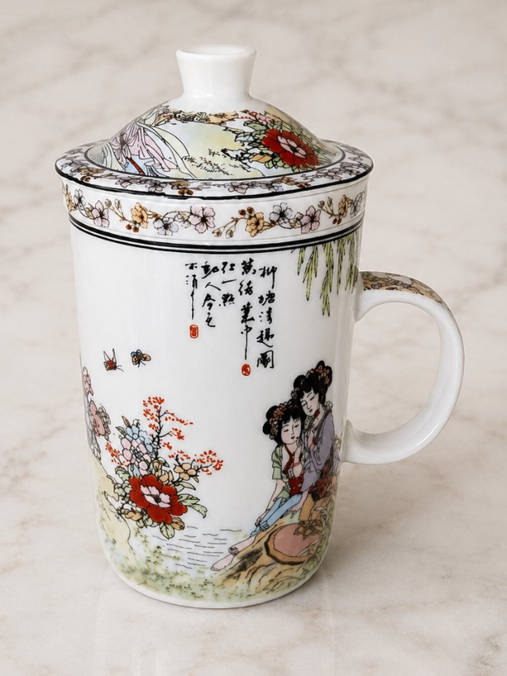 Chinese Porcelain Tea Mug w/ Lid & Infuser – Floral Geisha Design Tea Set